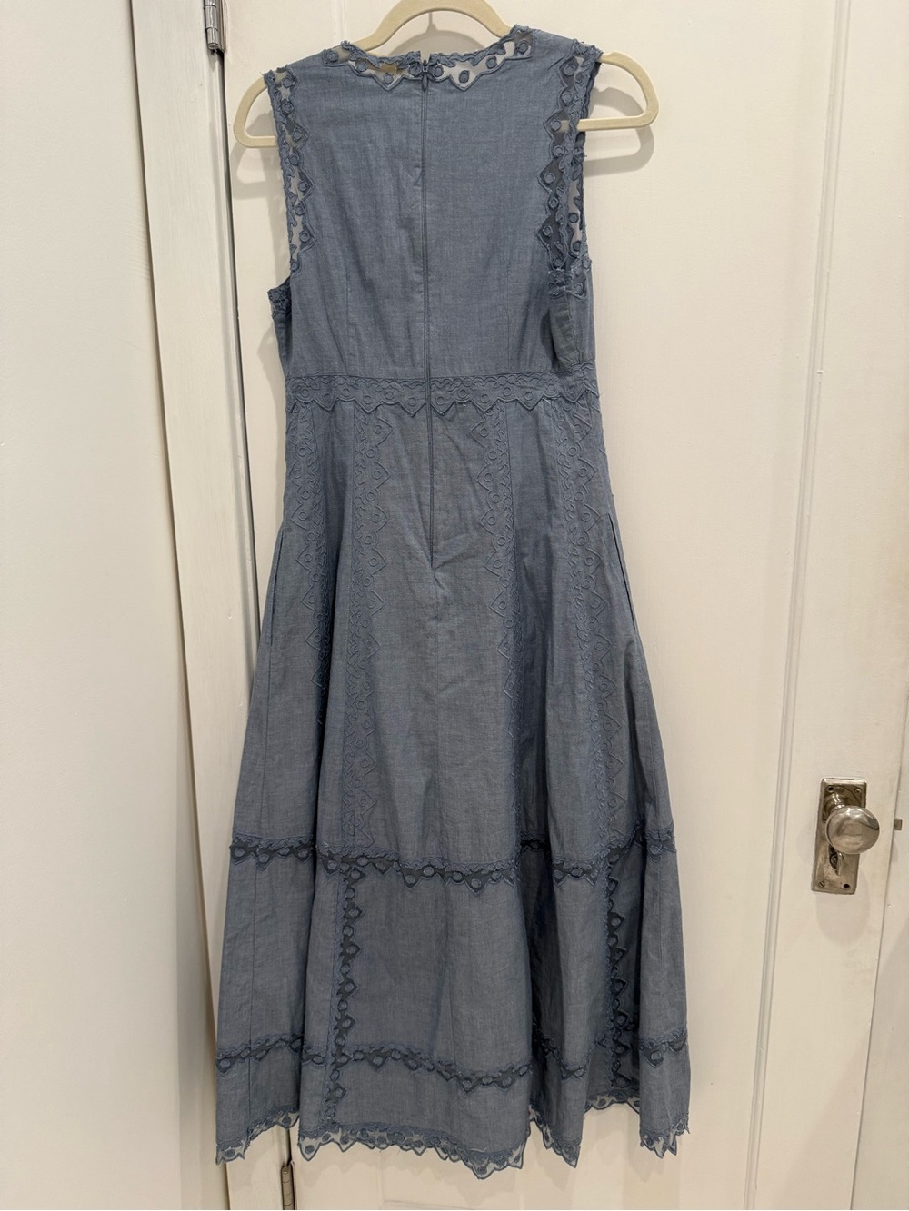 Ulla Johnson Anela Chambray Sleeveless Midi Dress with Lace Insets - Picture 8 of 9